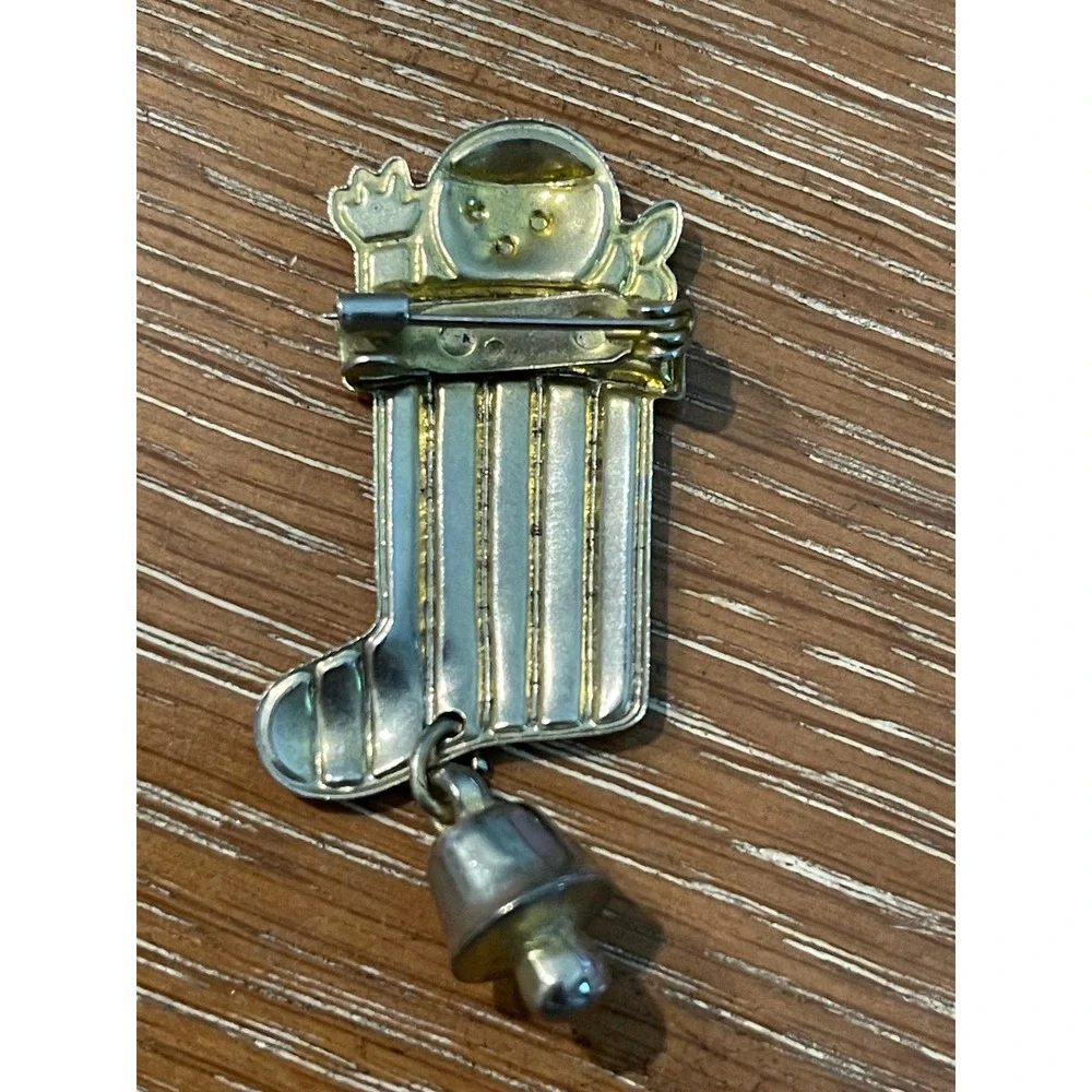 Vintage‎ Christmas Stocking Pin with Jingling Bell – Holiday Enamel Brooch